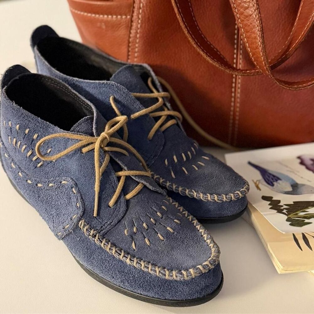 Minnetonka blue suede moccasin ankle boots